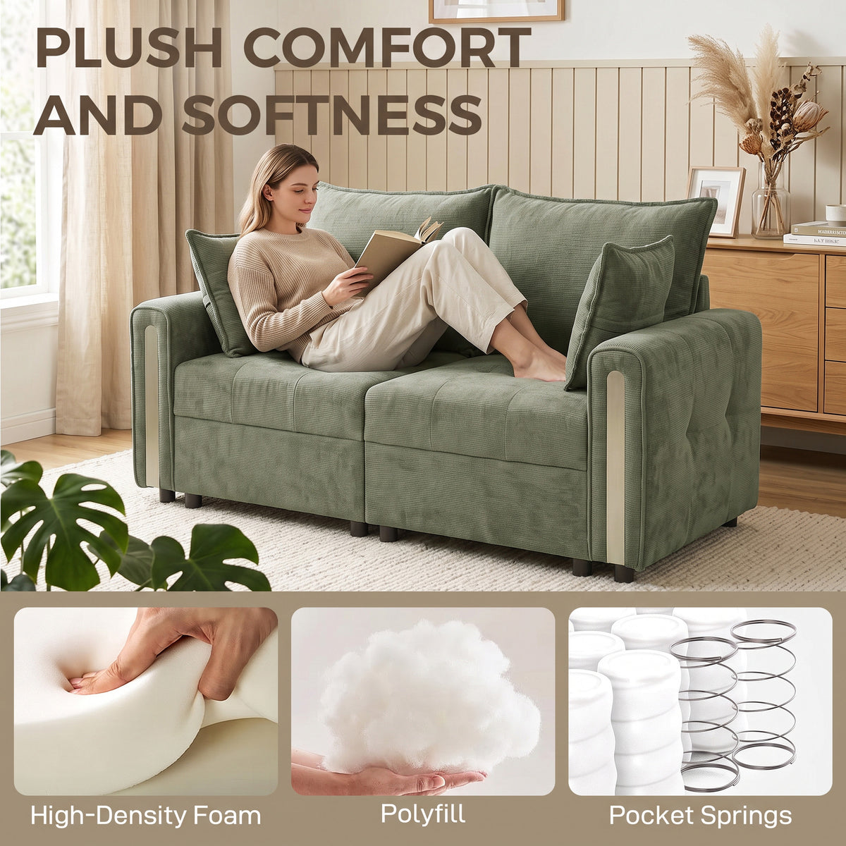 Dark green velvet loveseat sofa with deep seat and plush, supportive cushions