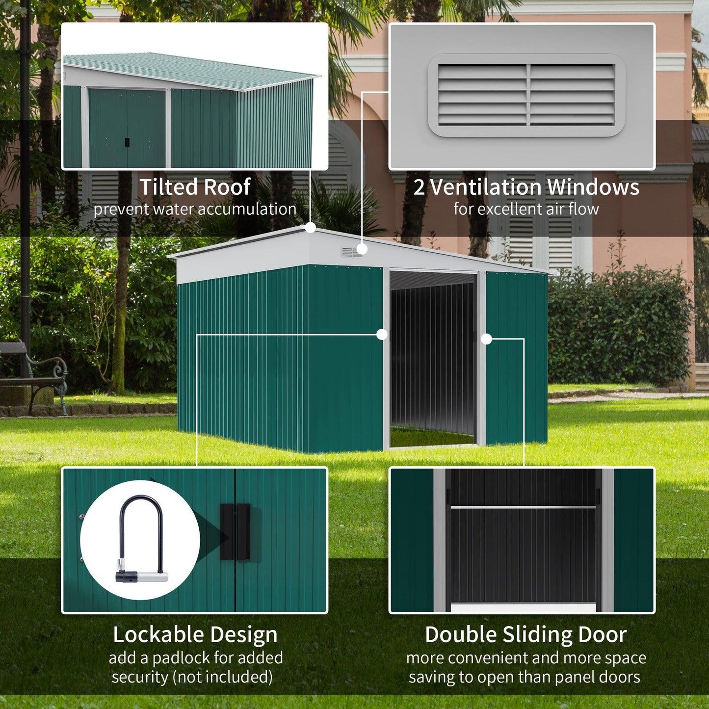 Outsunny 11.3x9.2ft Steel Garden Storage Shed w/ Sliding Doors & 2 Vents, Green - ALL4U RETAILER LTD