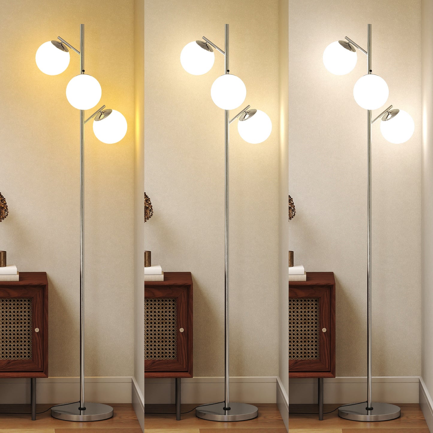 HOMCOM 3 Light Tree Floor Lamp With Globe Shades Modern Standing Lamp Living Room Bedroom 3000K 4000K 6000K Silver Tone
