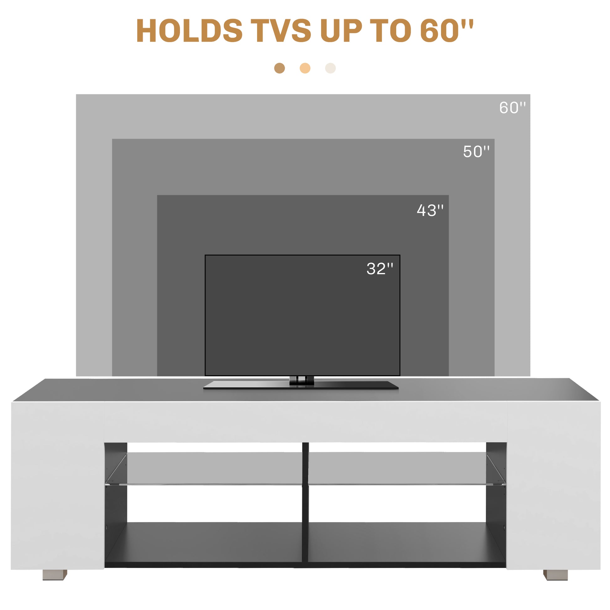 HOMCOM Modern White TV Stand with RGB LED Lights and Glass Shelves for 32-60 inch TVs - ALL4U RETAILER LTD