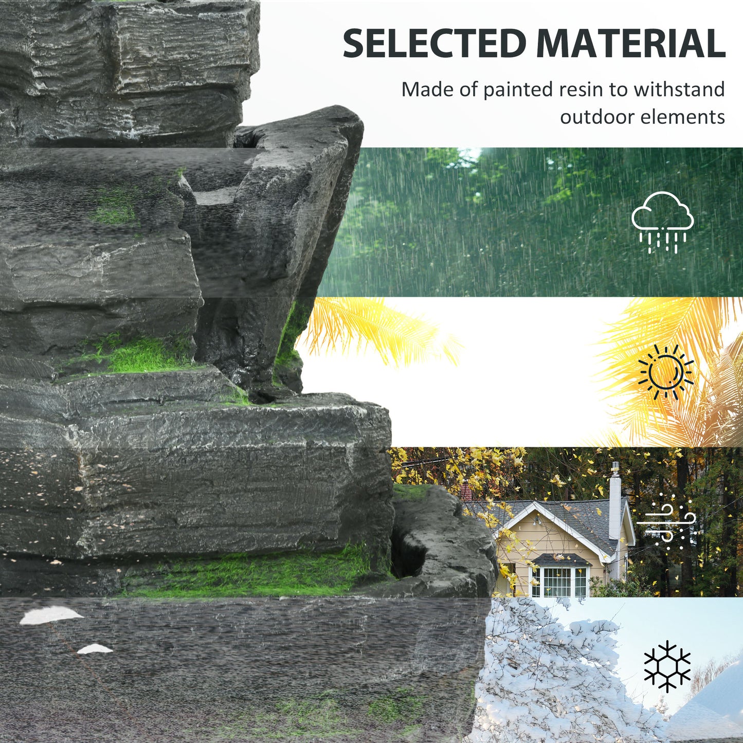 Outsunny Garden Water Feature With LED Lights Solar Powered Four Tier Waterfall Dark Grey Stone Moss Accent