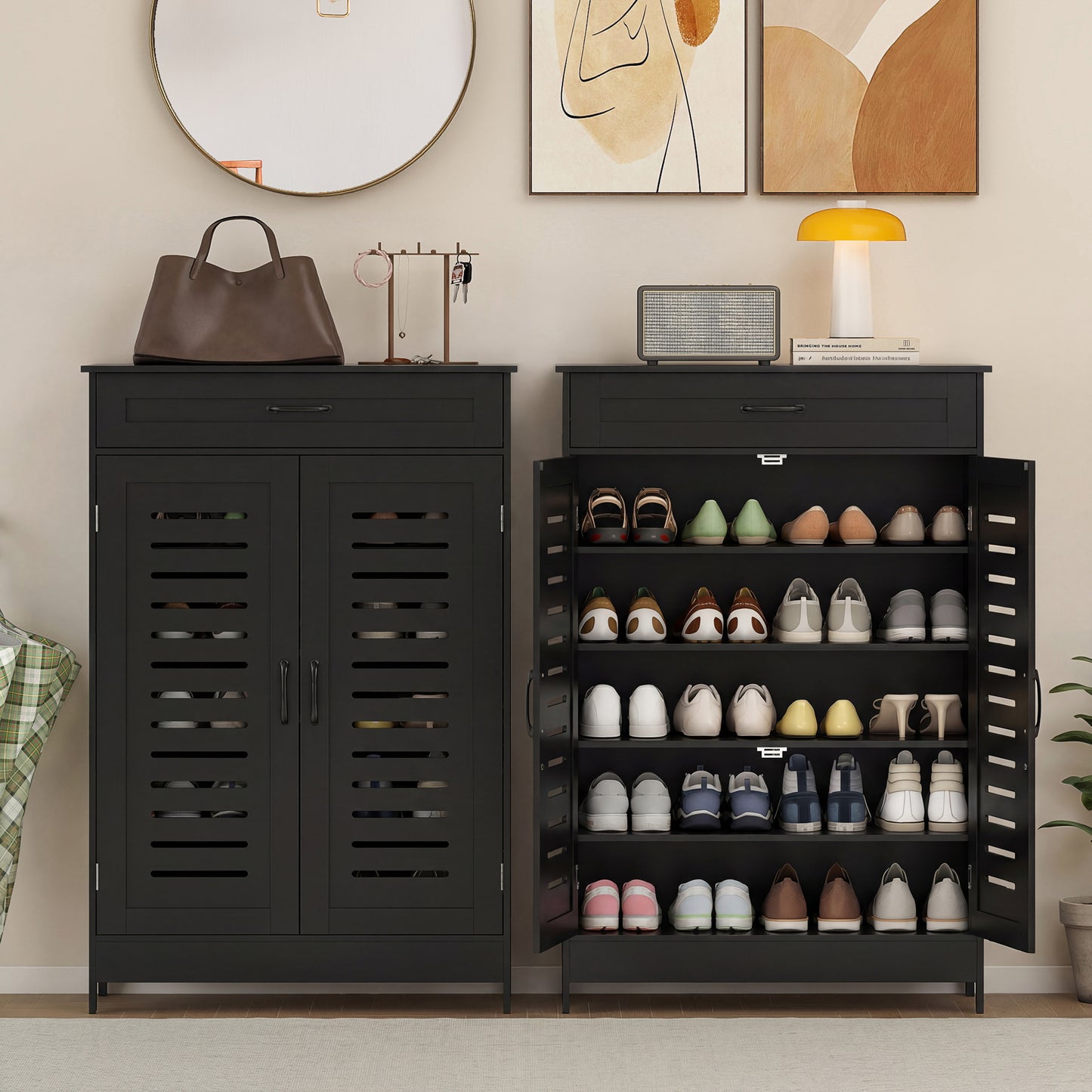HOMCOM Shoe Cabinet With Louvered Doors, Modern Shoe Storage Cabinet With Drawer And Adjustable Shelves, Black