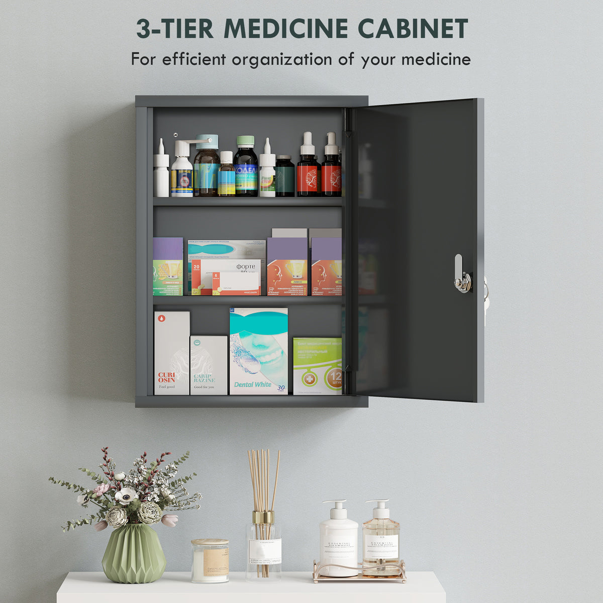 Kleankin Locking Medicine Cabinet With Three Tier Shelves And Two Keys