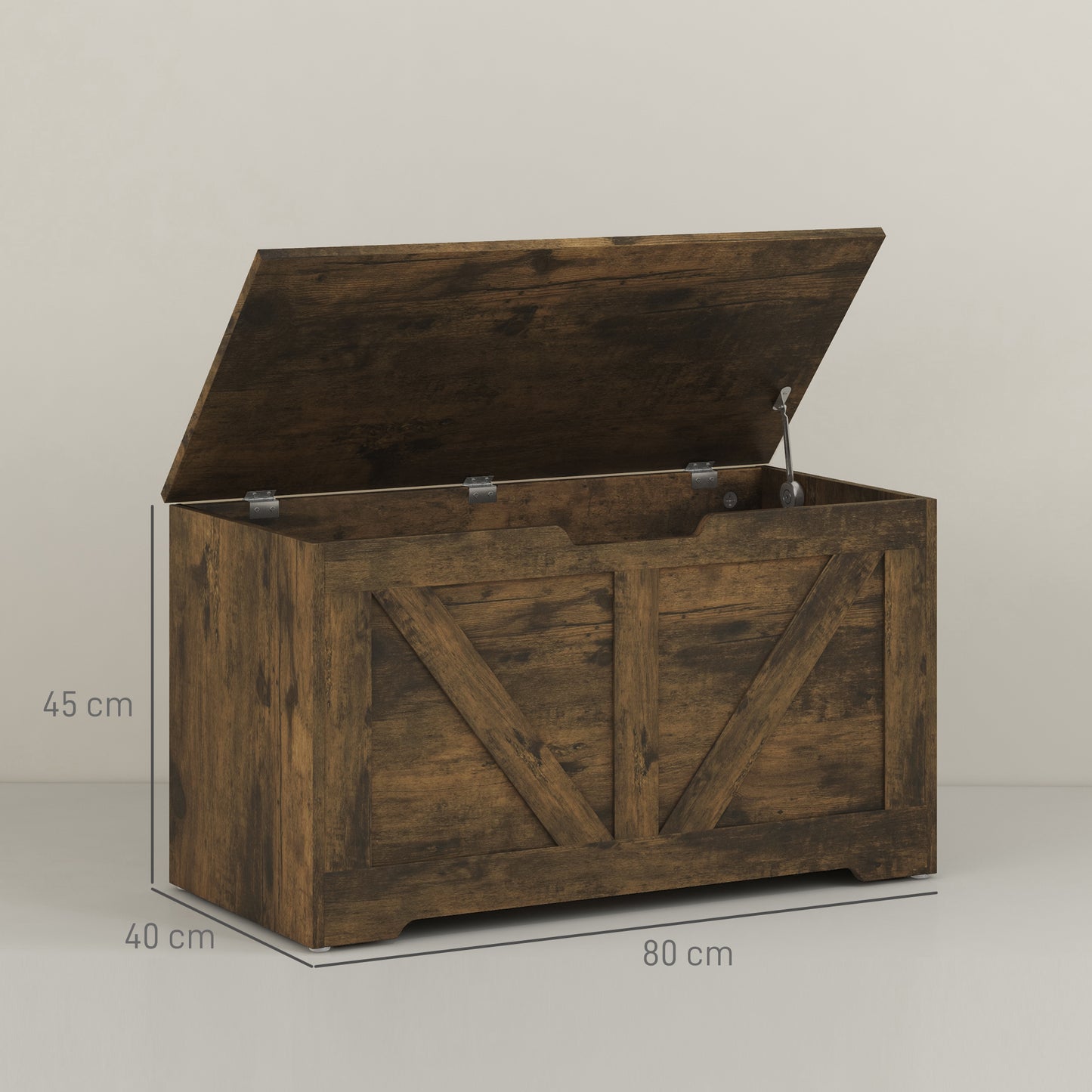 HOMCOM 100L Rustic Brown Storage Ottoman With Safety Hinges And Flat Lid For Seating