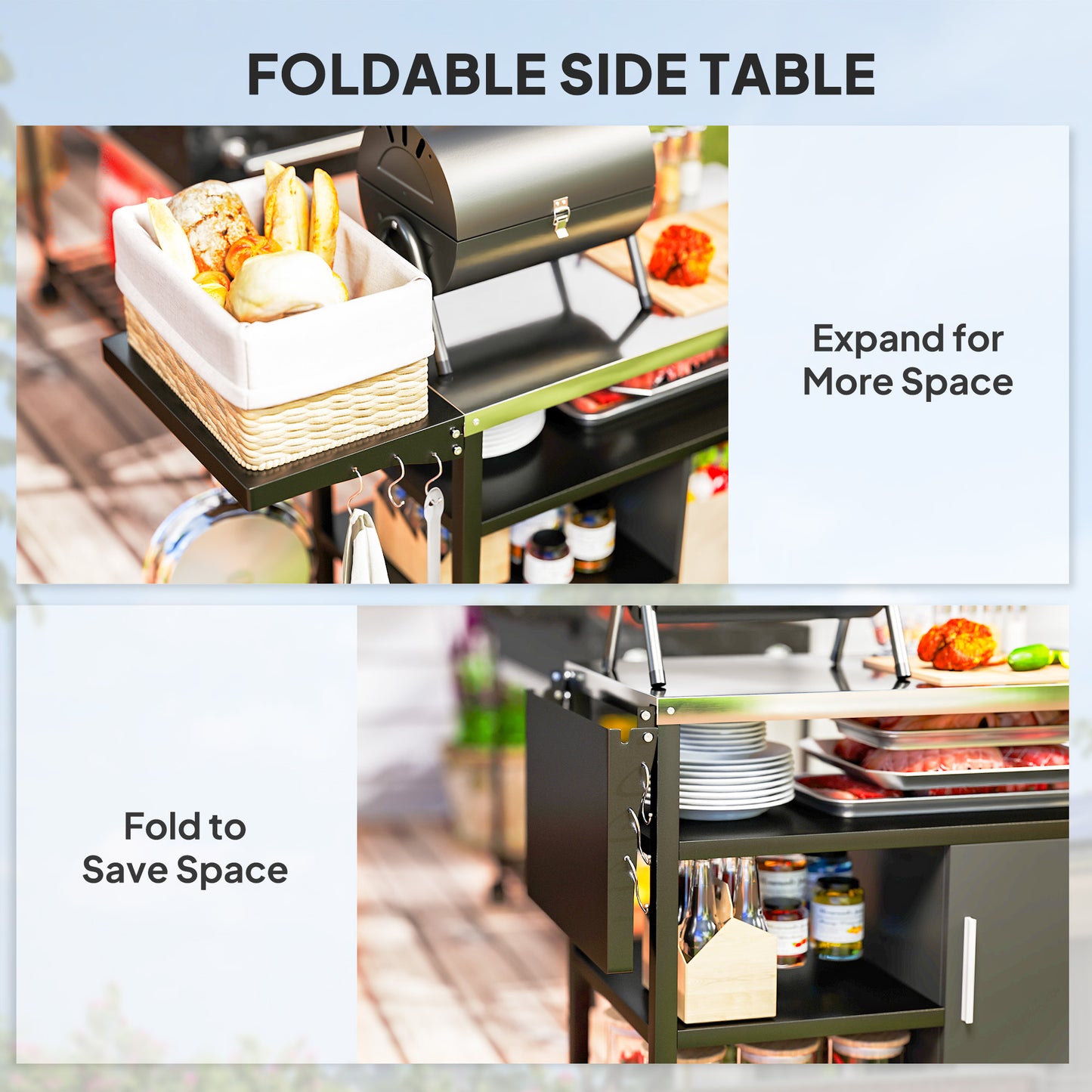 Outsunny Outdoor BBQ Trolley With Foldable Side Table Stainless Steel Top Wheels Shelves Cabinet Movable Grill Cart