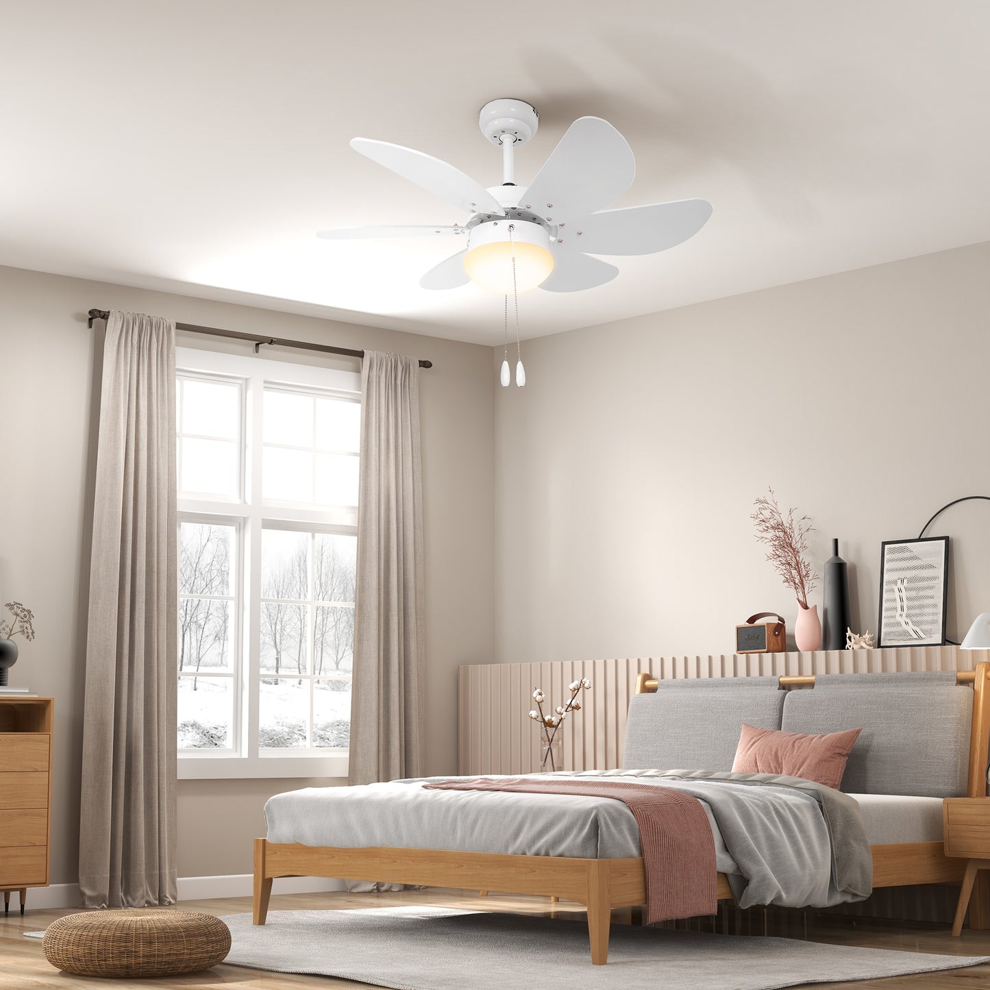 HOMCOM 6-Blade LED Ceiling Fan with Reversible Airflow and Pull-Chain Control in White Finish - ALL4U RETAILER LTD