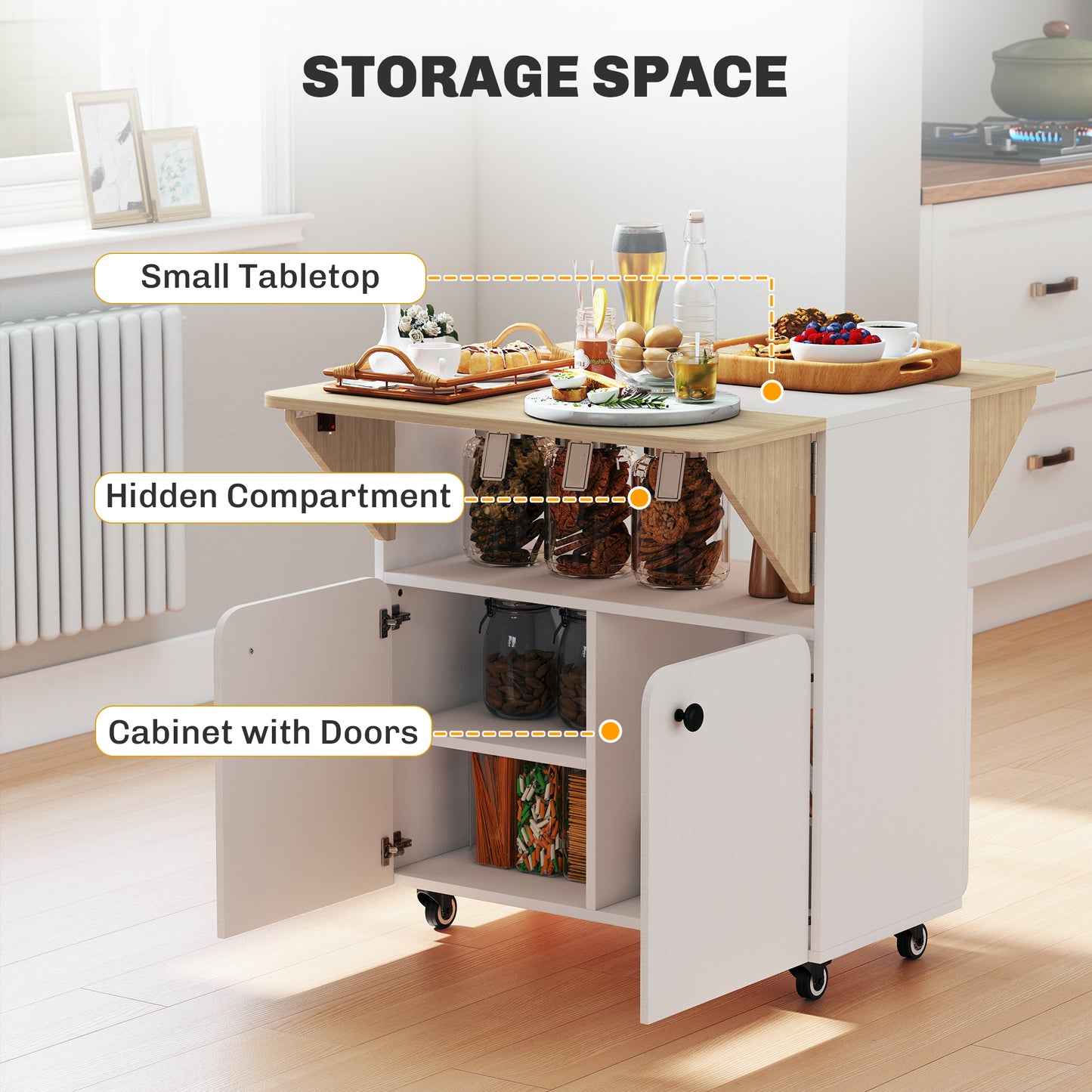 HOMCOM Folding Dining Table With Rolling Drop Leaf Hidden Shelf And Cabinet For Small Spaces White