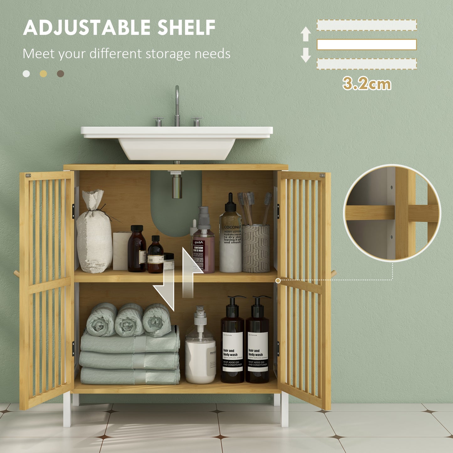 HOMCOM Bamboo Blend Retro Cutout Under Sink Cabinet With Three Position Adjustable Shelf For Bathroom Storage
