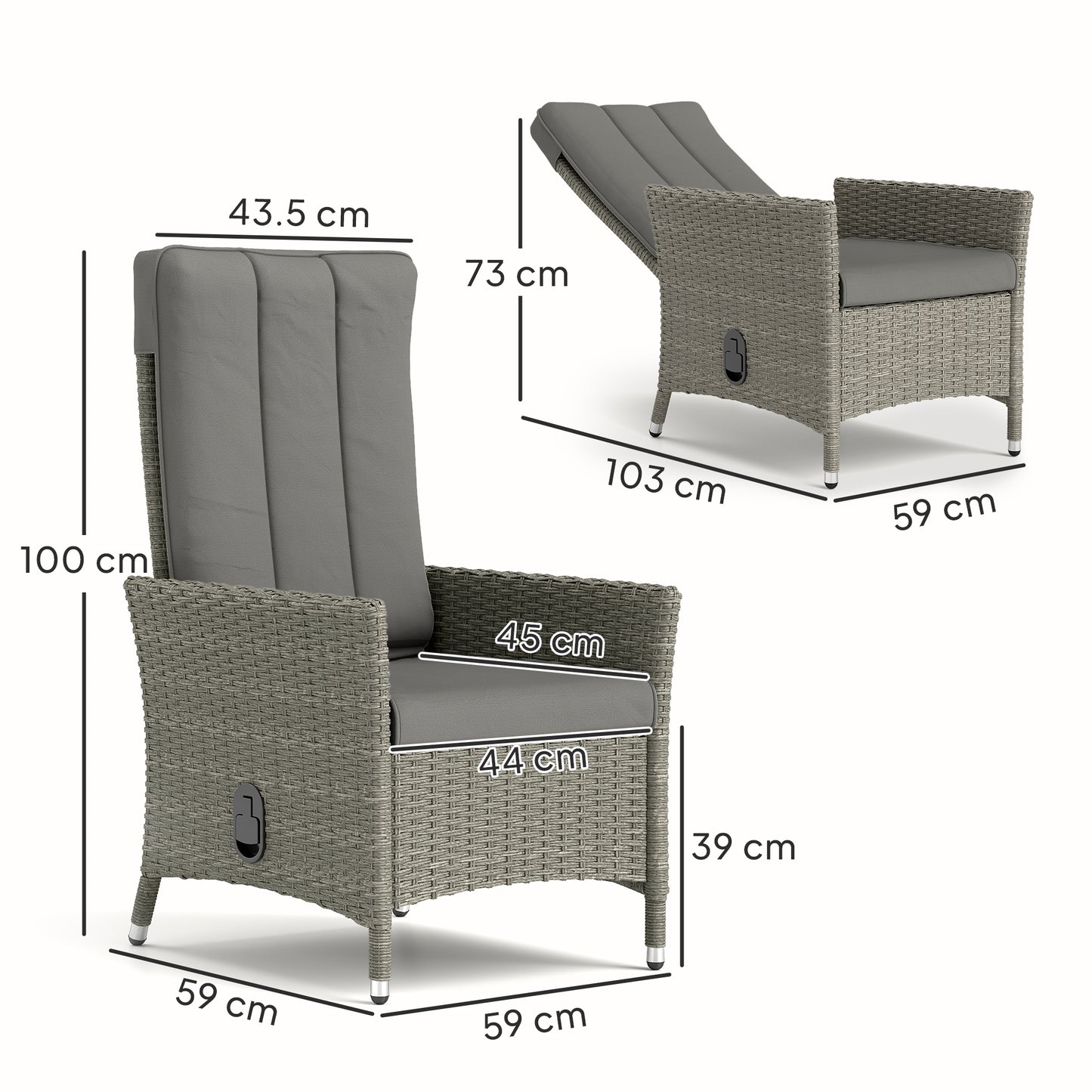 Outsunny Reclining Rattan Chair 105 To 150 Degrees Backrest Grey Cushioned Outdoor Lounger
