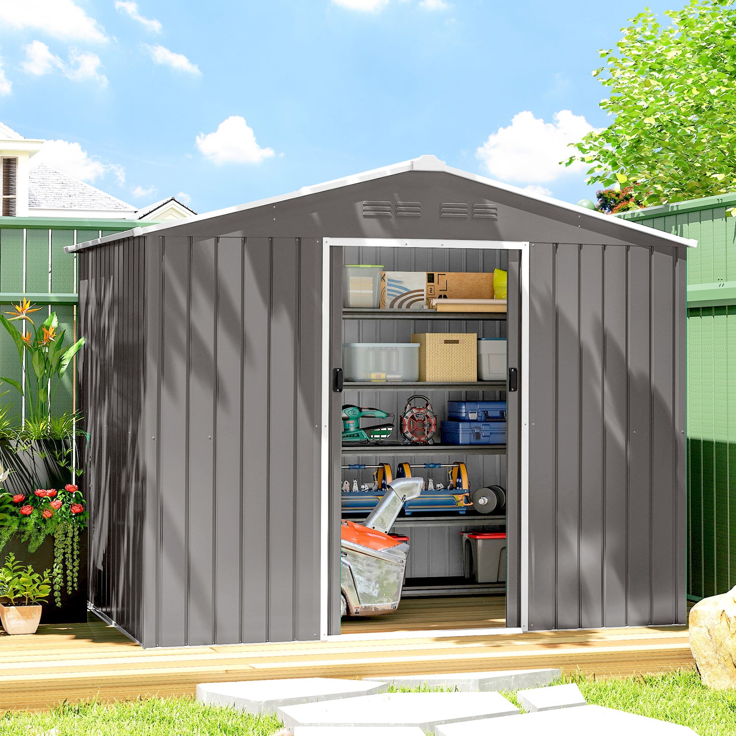 Outsunny 8 By 6 Ft Galvanised Steel Shed With Double Doors For Outdoor Tool And Garden Storage Light Grey