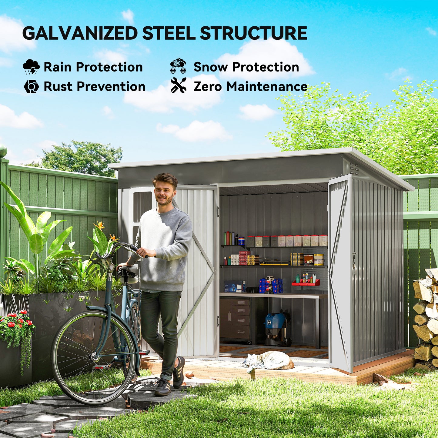 Outsunny 8.5 x 6ft Galvanised Steel Storage Shed With Foundation Kit Window Lockable Wide Doors Light Grey