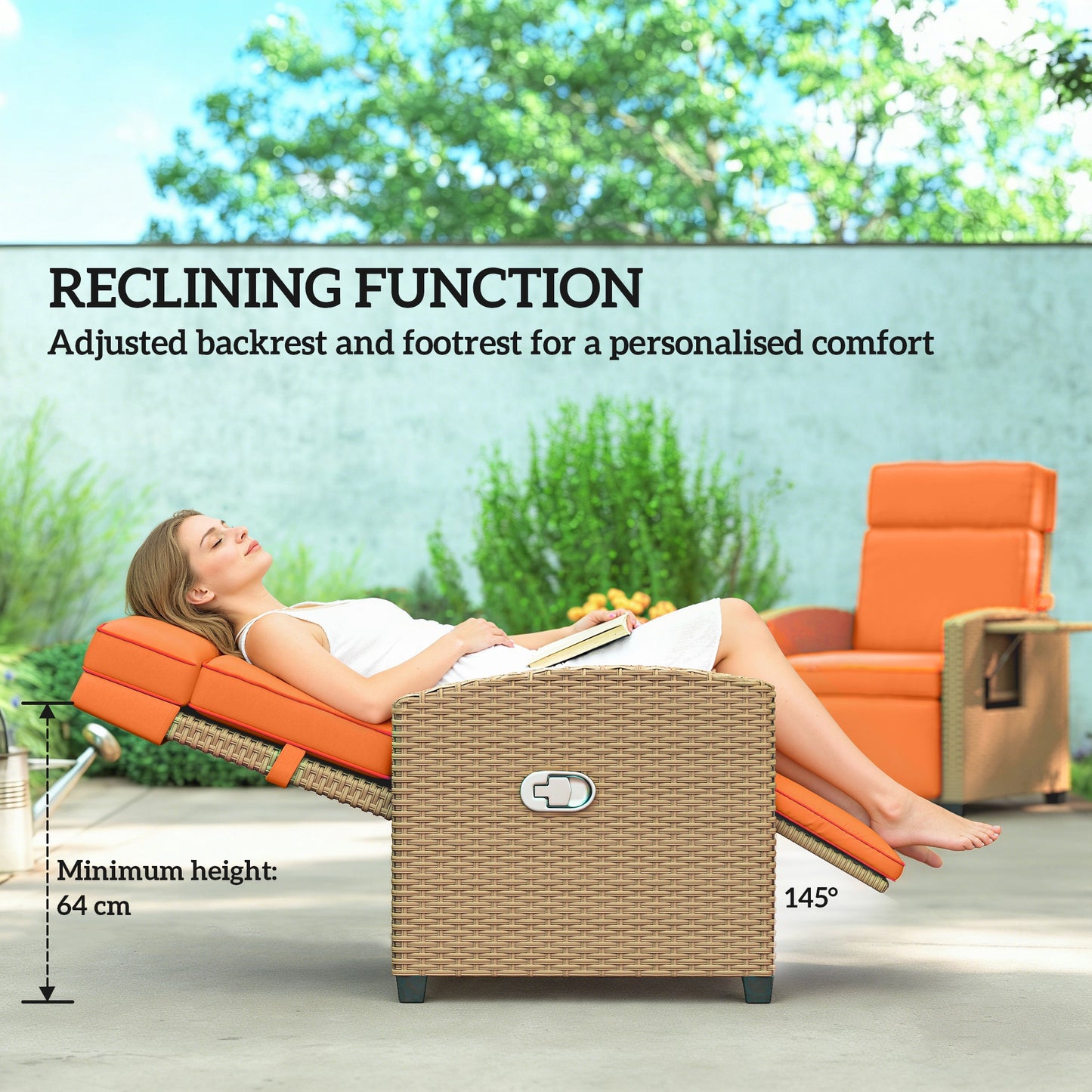 Outsunny 145 Degree Reclining Rattan Armchair With Manual Footrest Khaki Orange Outdoor Patio Lounge