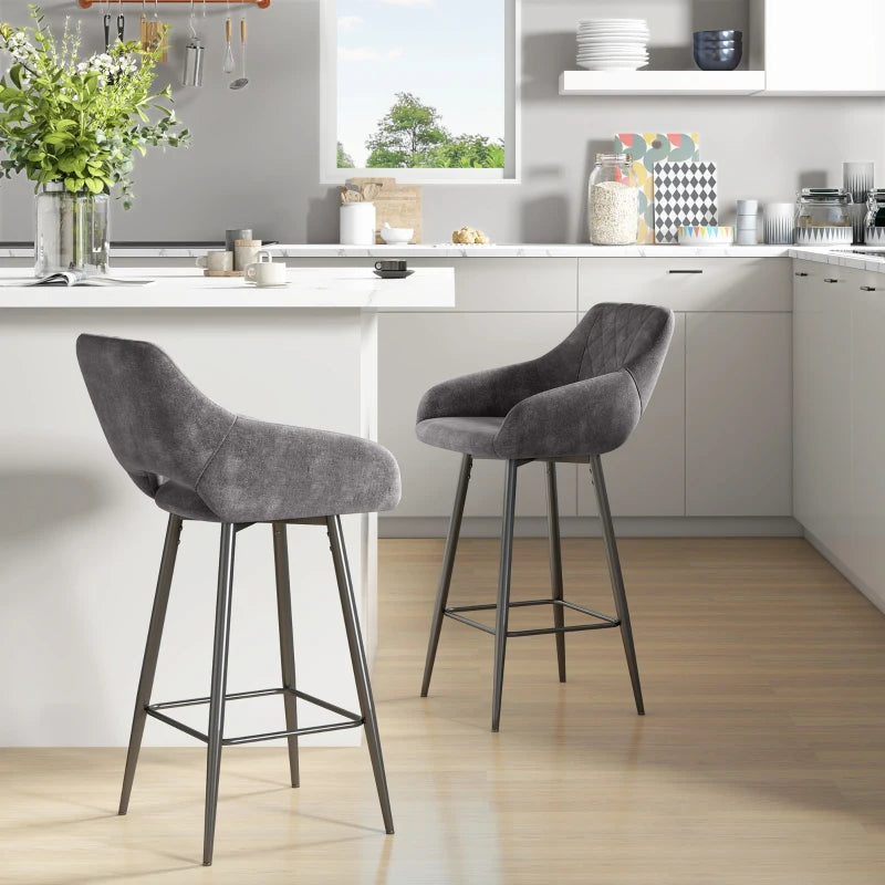 HOMCOM Set of 2 Grey Velvet Bar Stools - Modern Counter Height Chairs with Backs - ALL4U RETAILER LTD