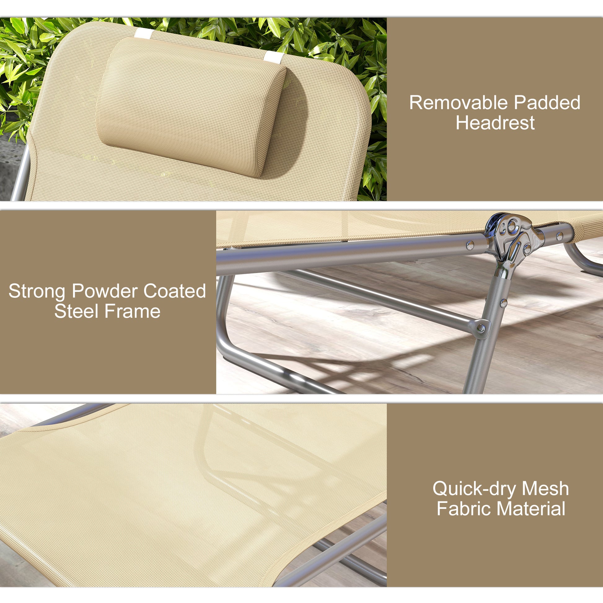 Outsunny Set of Two Adjustable Brown Steel Frame Sun Loungers with Pillow - ALL4U RETAILER LTD