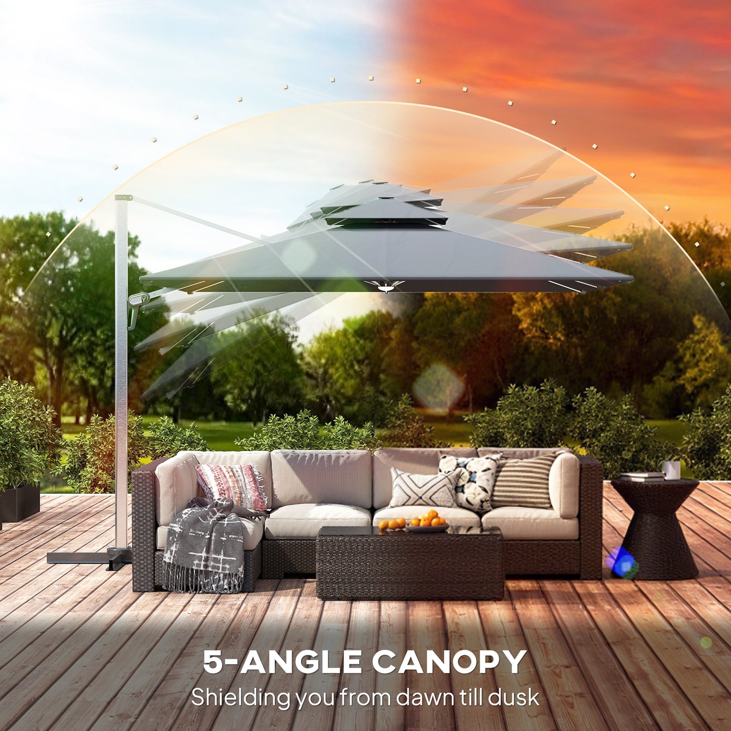 Outsunny 3m Garden Cantilever Parasol With Cross Base And Solar LED Lights 360 Degree Rotation Crank Tilt Grey