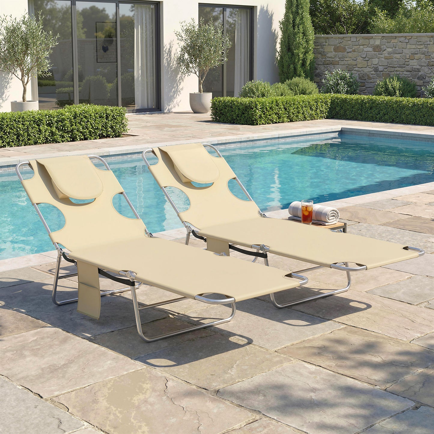 Outsunny 5 Position Adjustable Sun Loungers Set Of 2 With Reading Hole And Side Pocket Beige