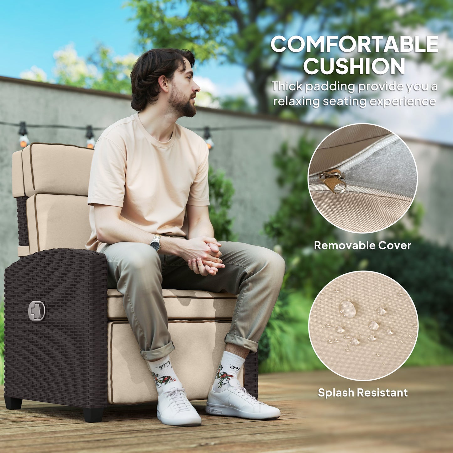 Outsunny 145 Degree Reclining Rattan Armchair With Footrest Outdoor Patio Brown Khaki