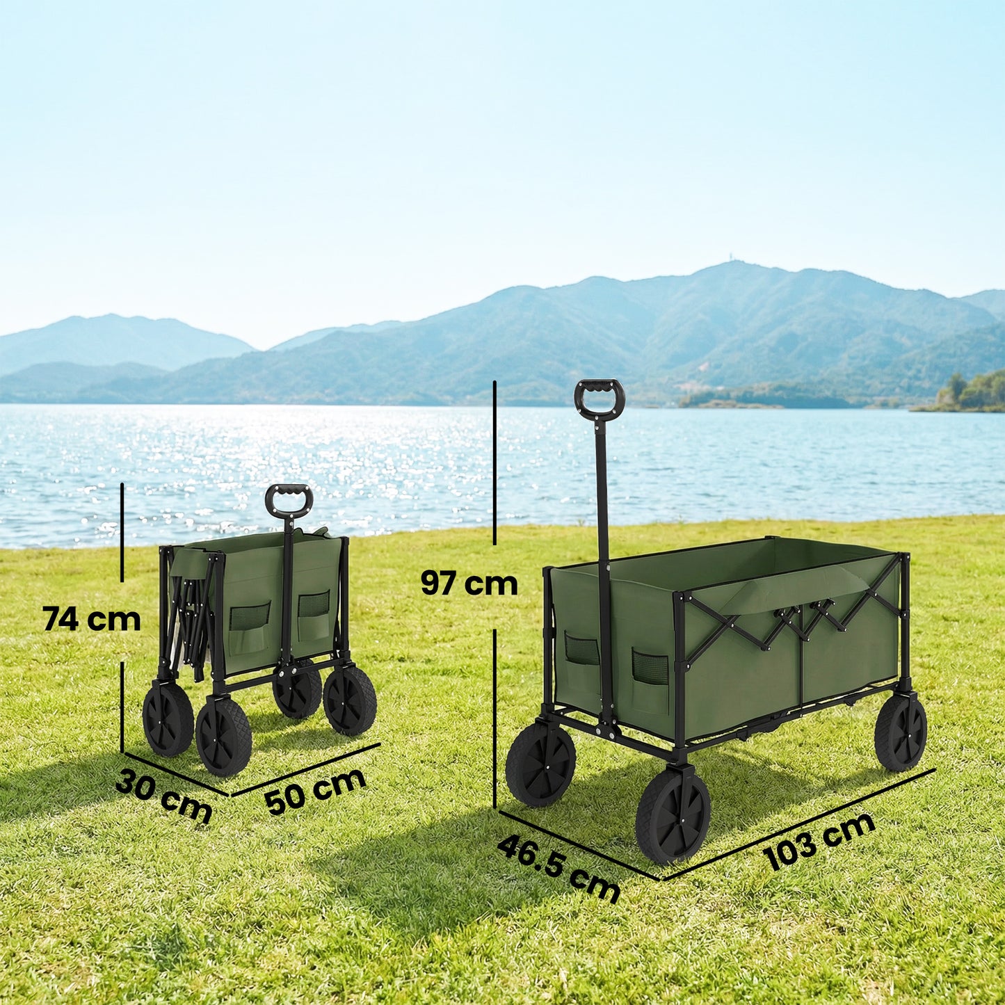 Outsunny 95L Foldable Trolley On Wheels Collapsible Wagon Cart With Adjustable Handle And 2 Cup Holders Dark Green