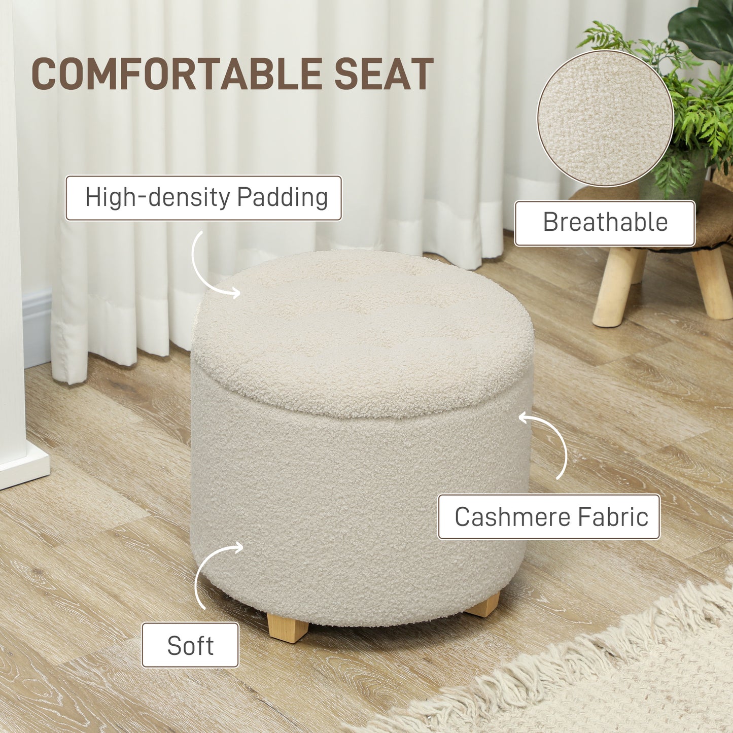 HOMCOM 40.5L Teddy Fleece Storage Ottoman With Button Tufted Lid In Cream White For Small Item Organization