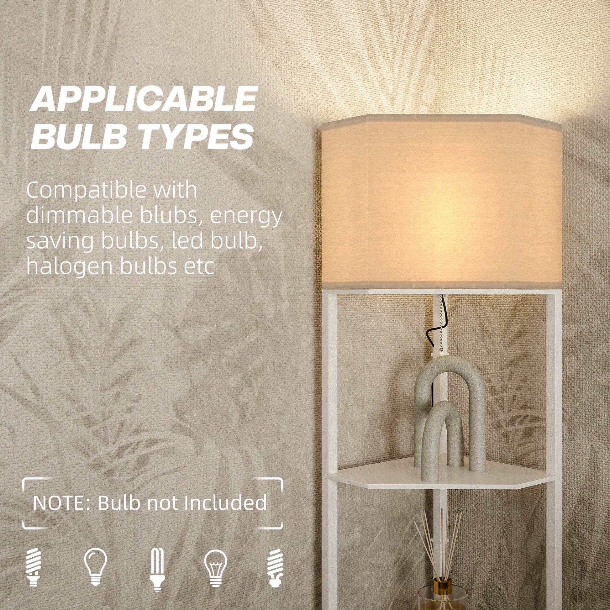 HOMCOM Triangular Corner Floor Lamp with Shelving, Stylish Tall Light for Living Spaces, Pull Chain Operation, White Finish - ALL4U RETAILER LTD