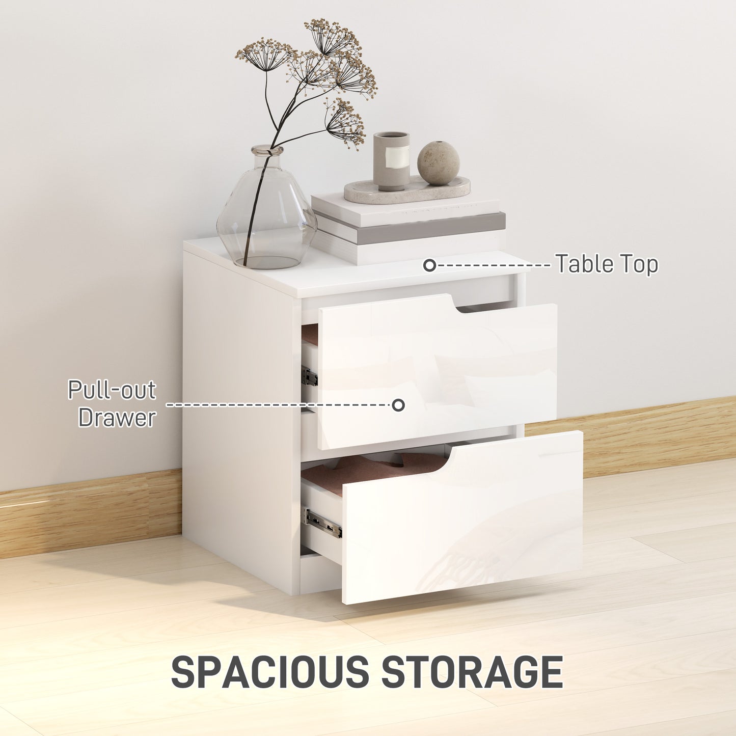 HOMCOM White High Gloss Bedside Tables Set Of 2 With Handleless Design And Two Drawers