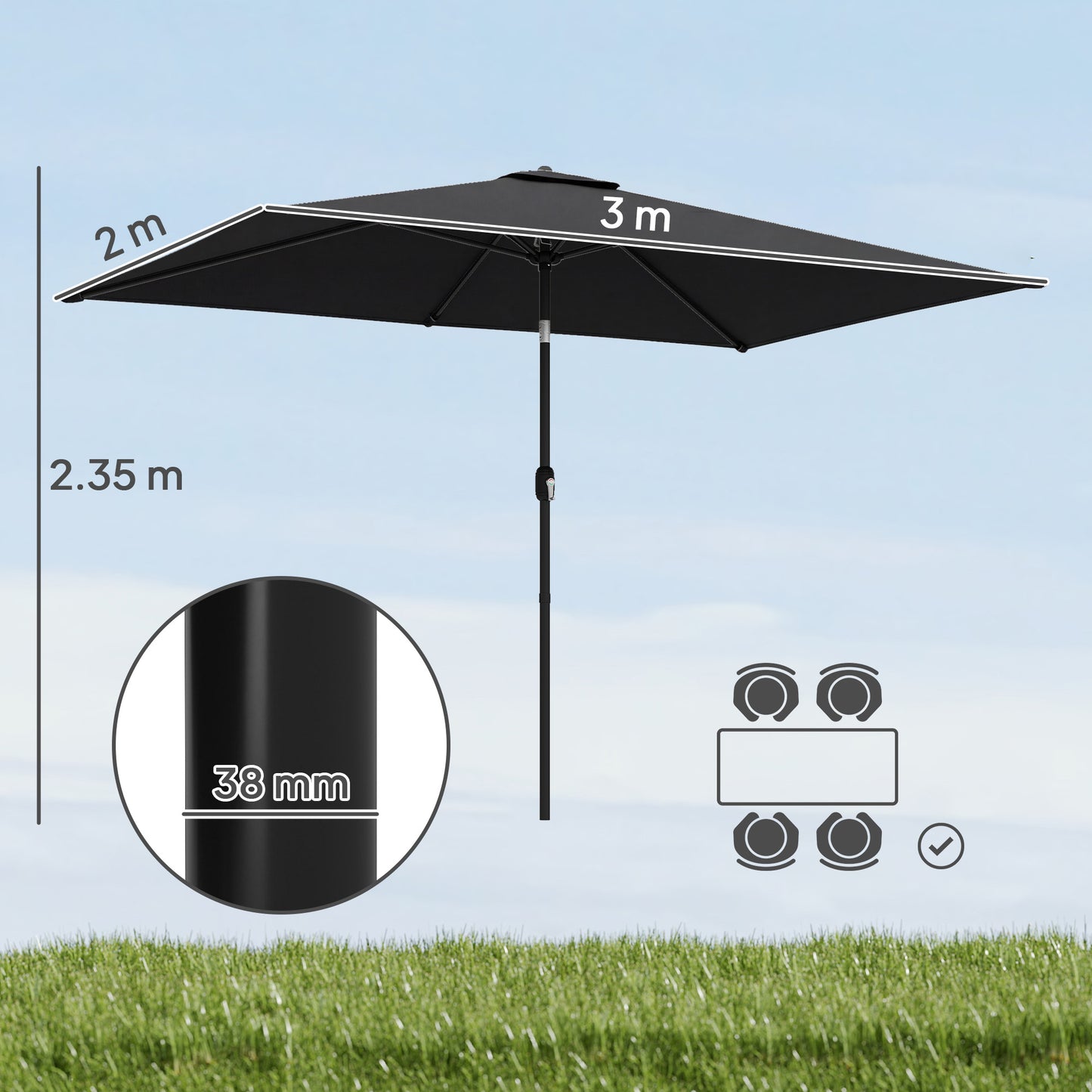 Outsunny Garden Parasol Umbrella With Crank Handle And Tilt Function 180g Polyester Canopy Fade Resistant Black