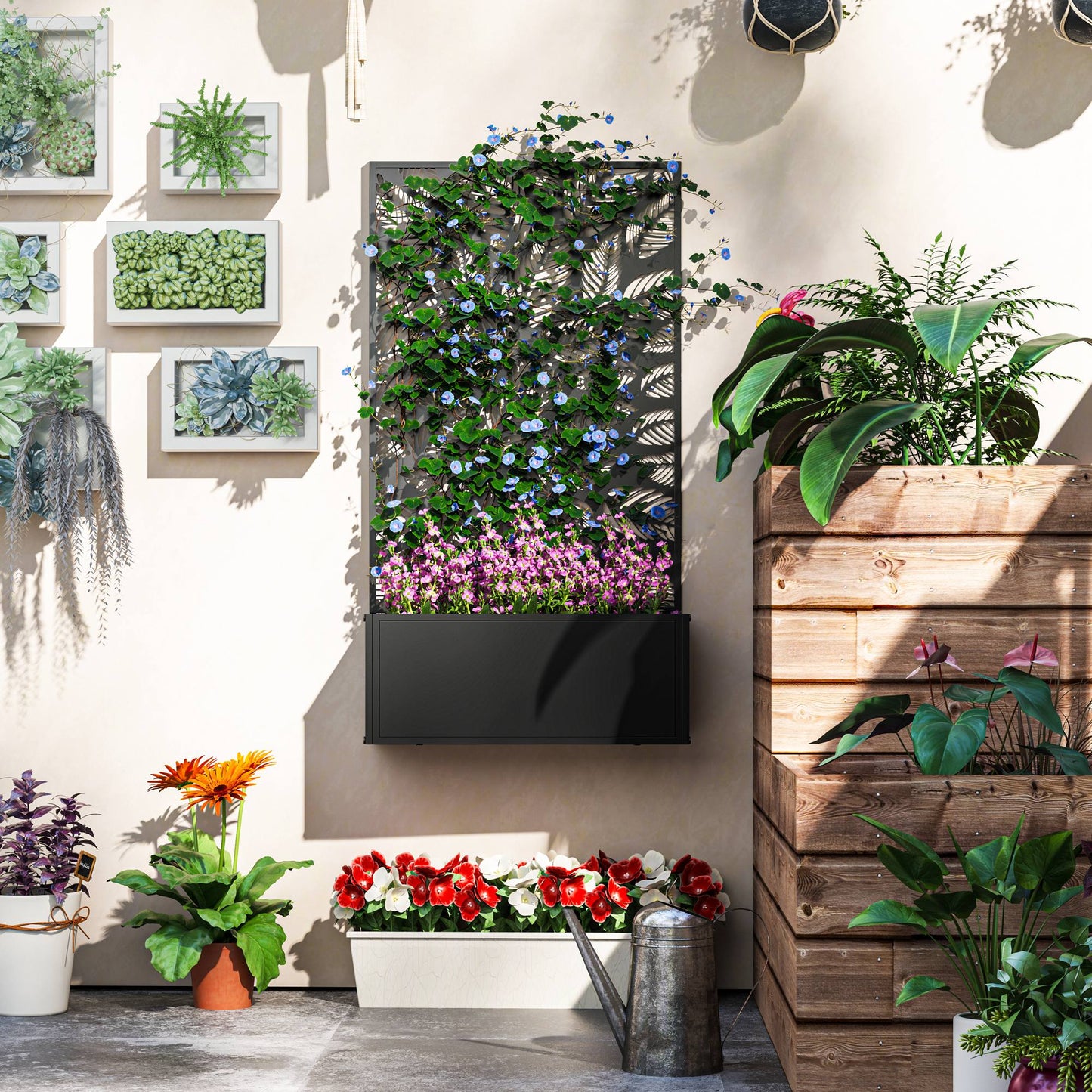 Outsunny Outdoor Metal Planter With Back Trellis Black Powder Coated Garden Box 32L