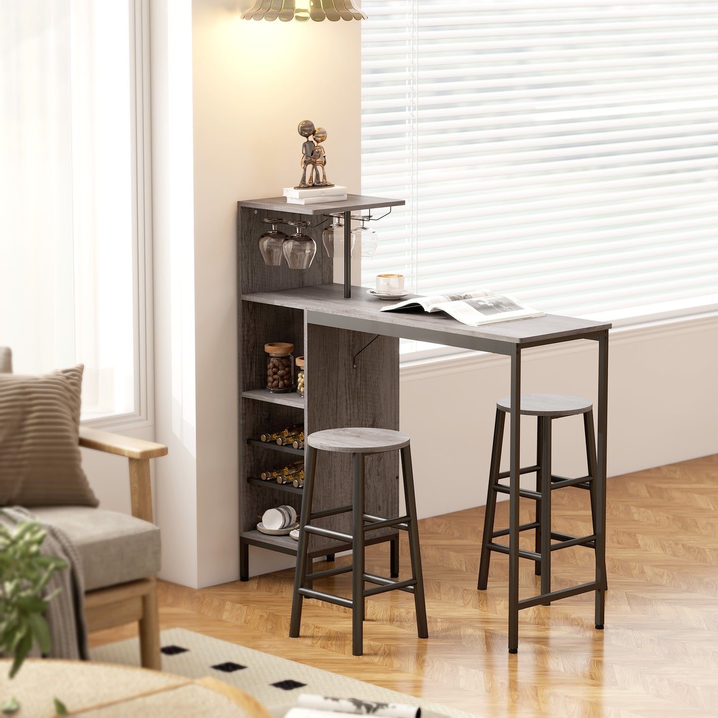 HOMCOM 3 Piece Dining Room Set With Bar Table And Stools Natural Finish Wine Rack And Glass Holders 6 Tier Storage