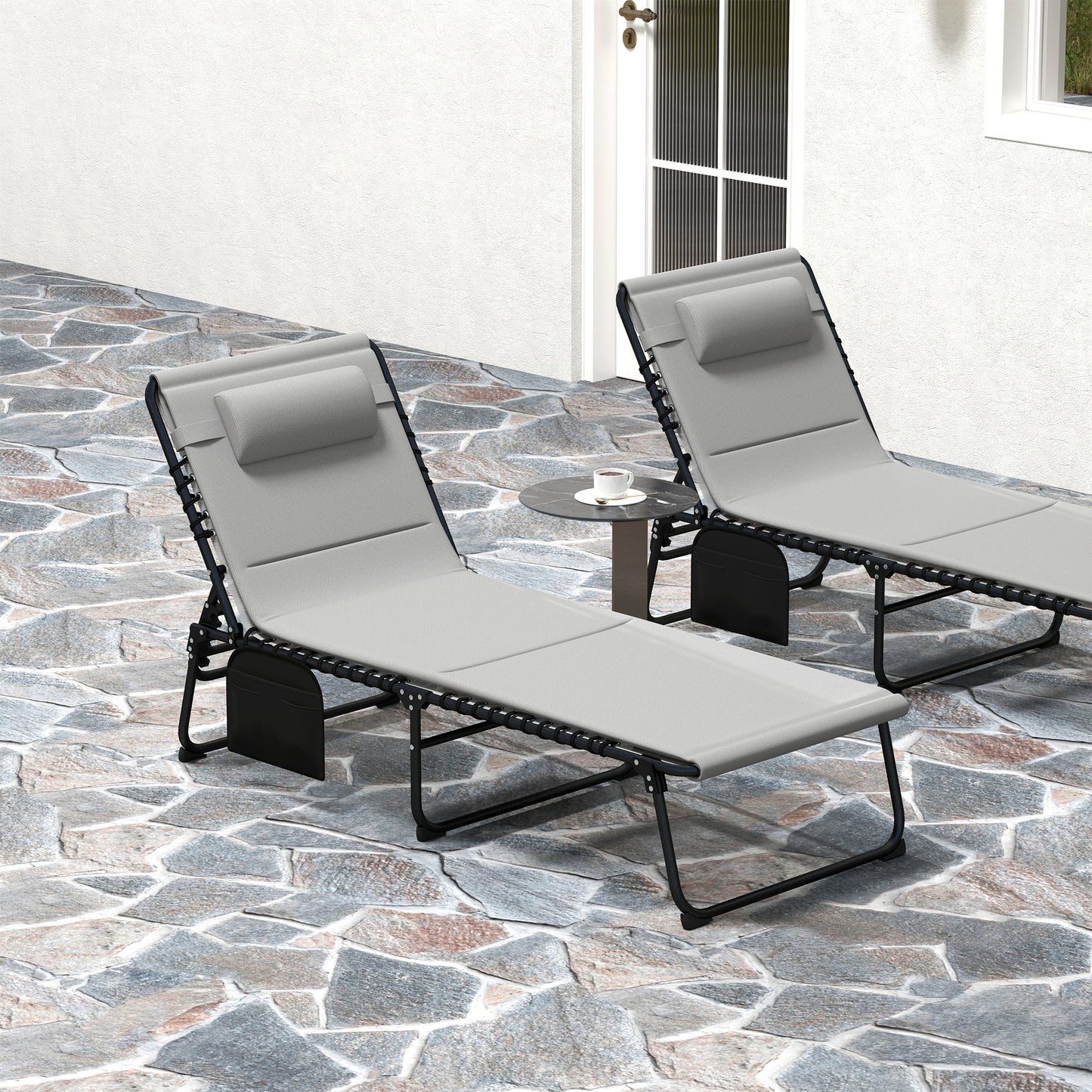Outsunny Set Of Two Reclining Sun Loungers In Light Grey With Five Level Adjustable Backs Powder Coated Steel Frames