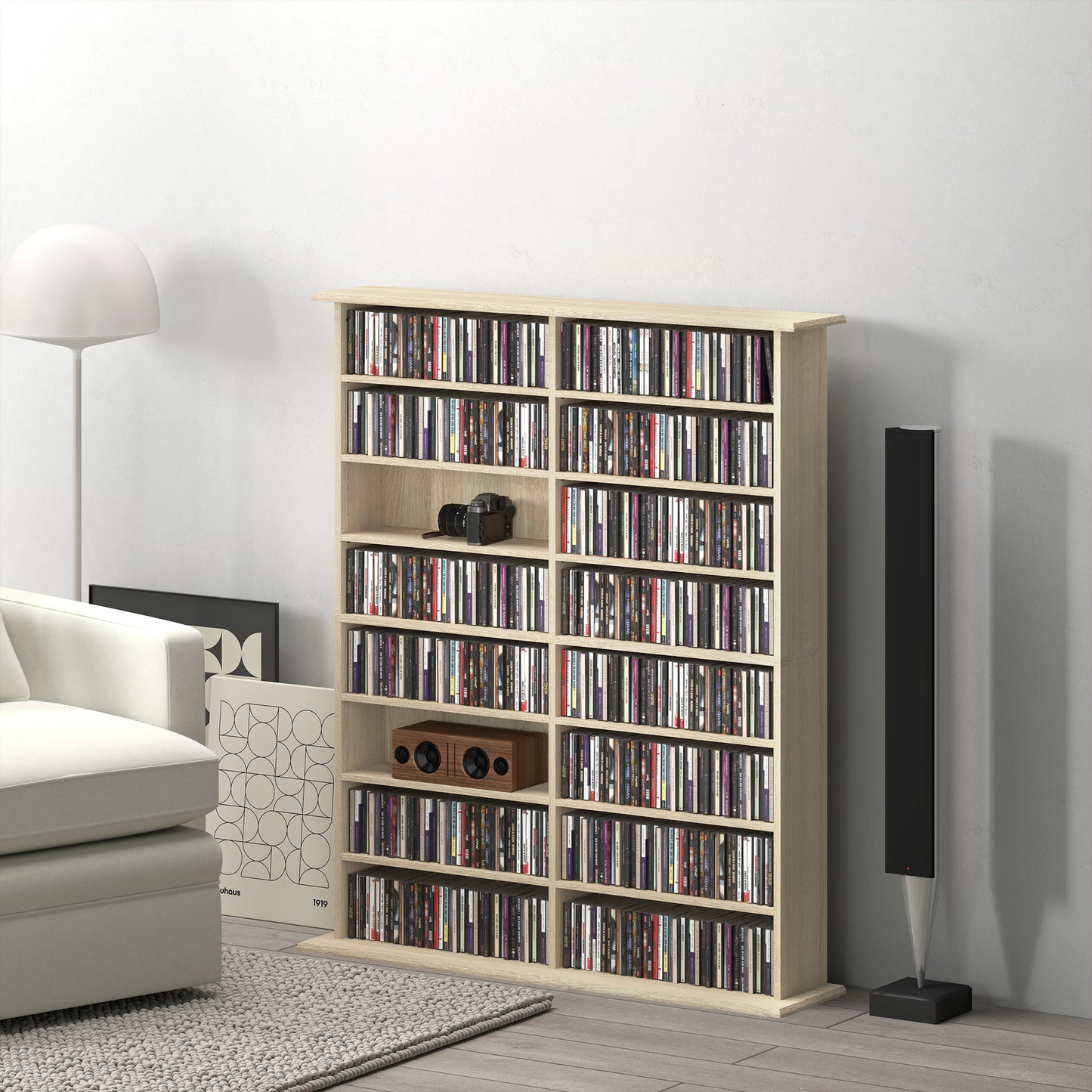 HOMCOM 16 Compartment Media Shelf Nature Wood Finish With 12 Adjustable Shelves Holds 720 CDs 396 DVDs Blu Rays