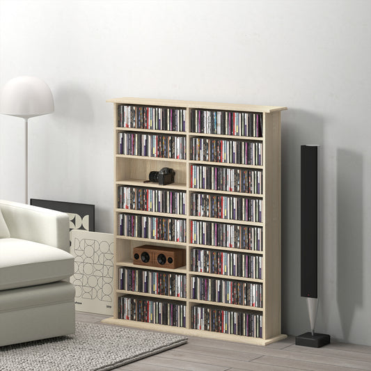 HOMCOM 16 Compartment Media Shelf Nature Wood Finish With 12 Adjustable Shelves Holds 720 CDs 396 DVDs Blu Rays