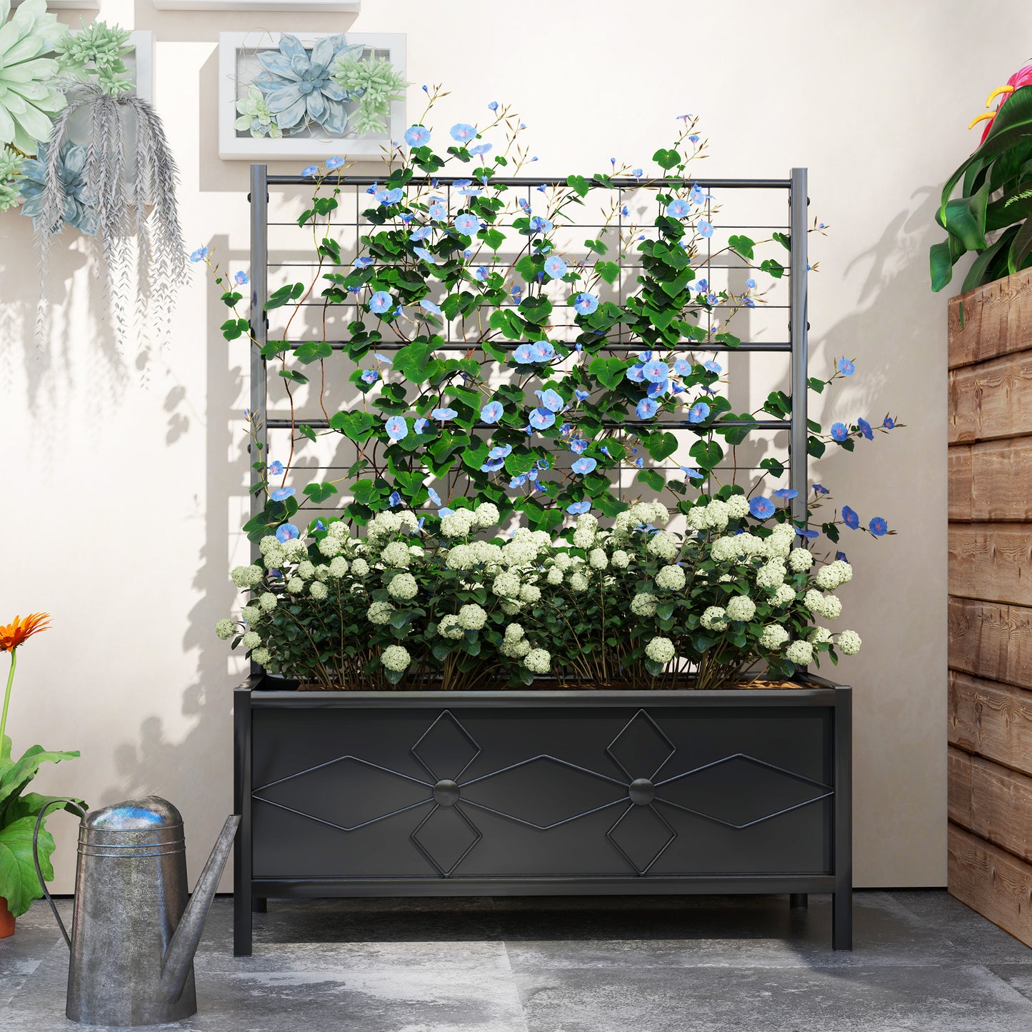 Outsunny Raised Garden Bed With Trellis Galvanised Planter Box Diamond Pattern Drainage Holes 90 x 40 x 120 cm Black