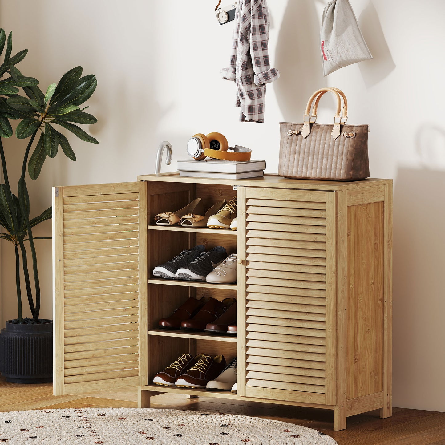 HOMCOM Bamboo Shoe Cabinet With Louvered Doors 14 Pairs Storage Adjustable Shelves For Hallway Natural Finish