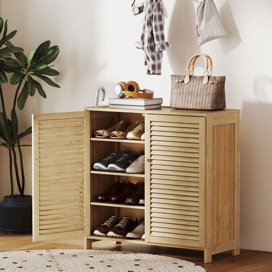 HOMCOM Bamboo Shoe Cabinet With Louvered Doors 14 Pairs Storage Adjustable Shelves For Hallway Natural Finish
