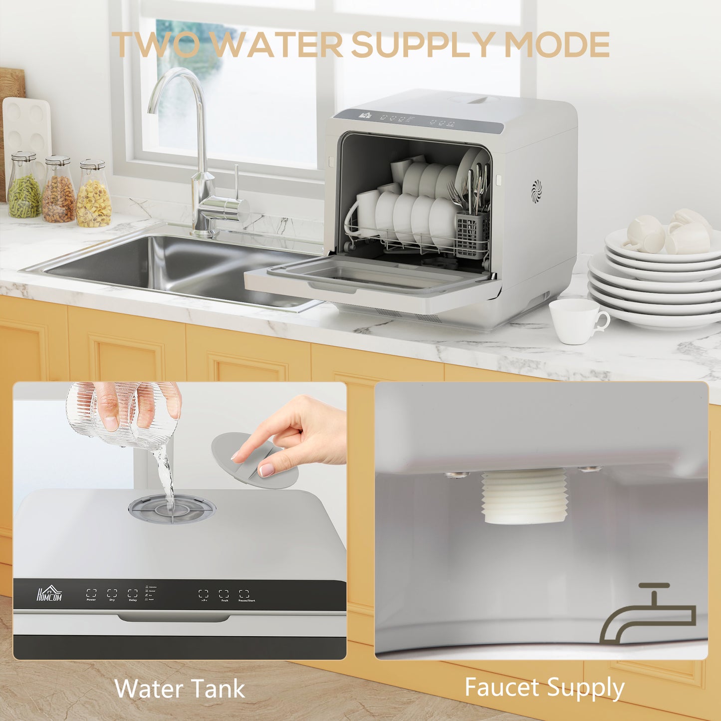 HOMCOM Table Top Dishwasher With Built In 6L Water Tank 6 Programs 4 Place Settings Compact Countertop Silver