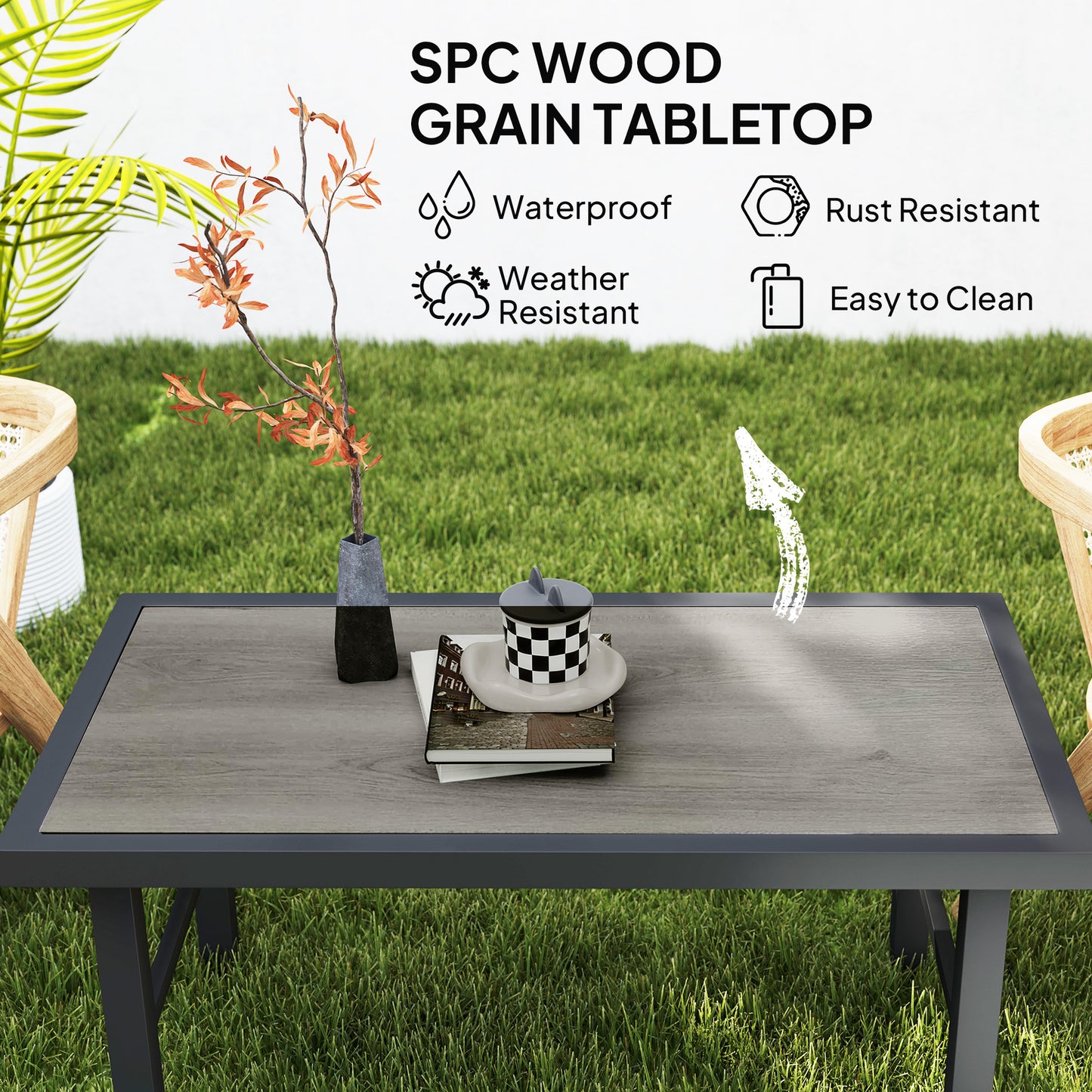 Outsunny Metal Garden Coffee Table With SPC Woodgrain Tabletop For Outdoor Garden Balcony Porch 100 X 53 X 46 cm Grey
