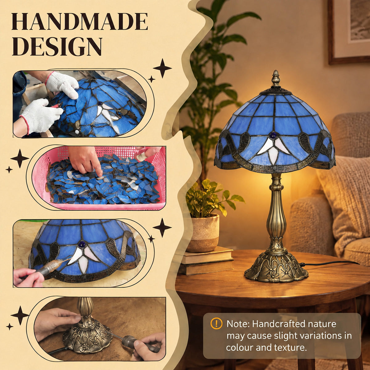 Blue stained glass table lamp with bronze base and arched decorative glass panels