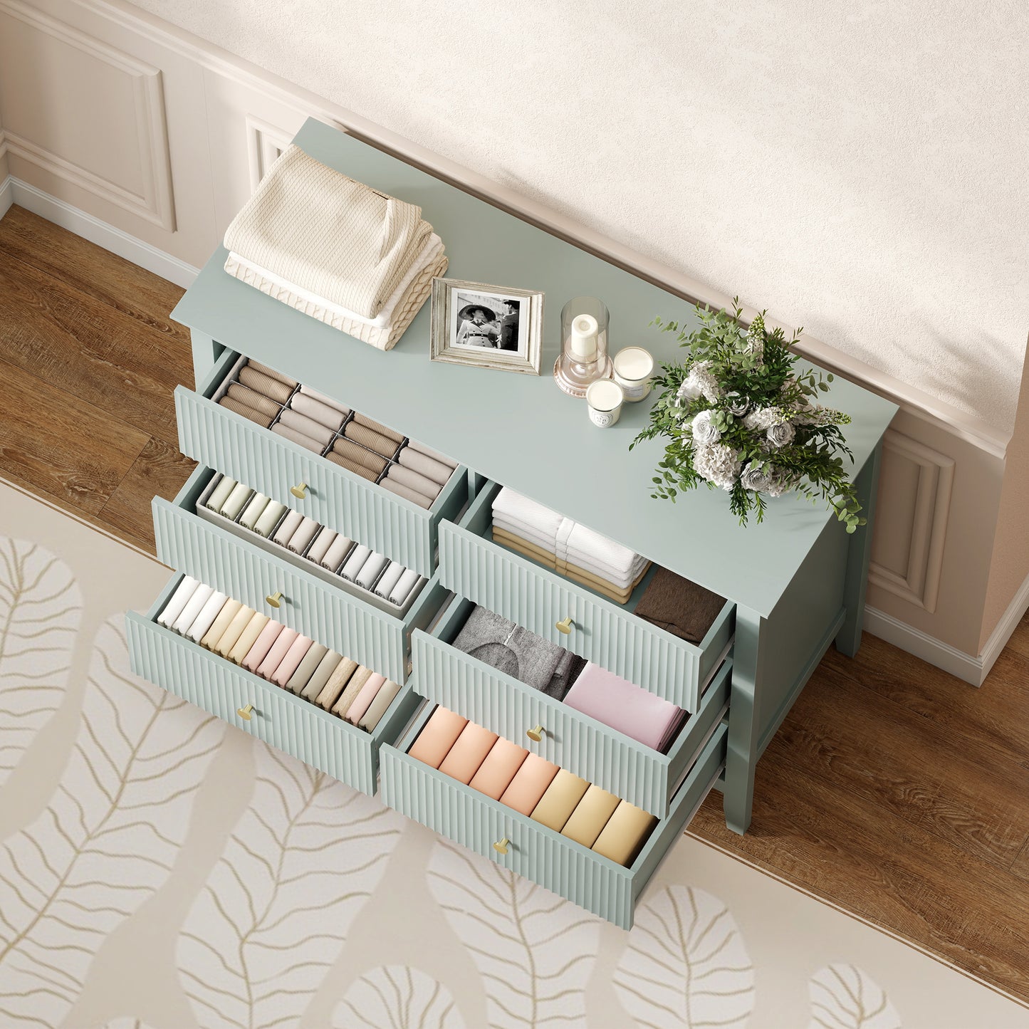HOMCOM Fluted Dresser 6 Drawer Chest of Drawers for Bedroom Living Room Hallway Closet Green with Gold Tone Handles