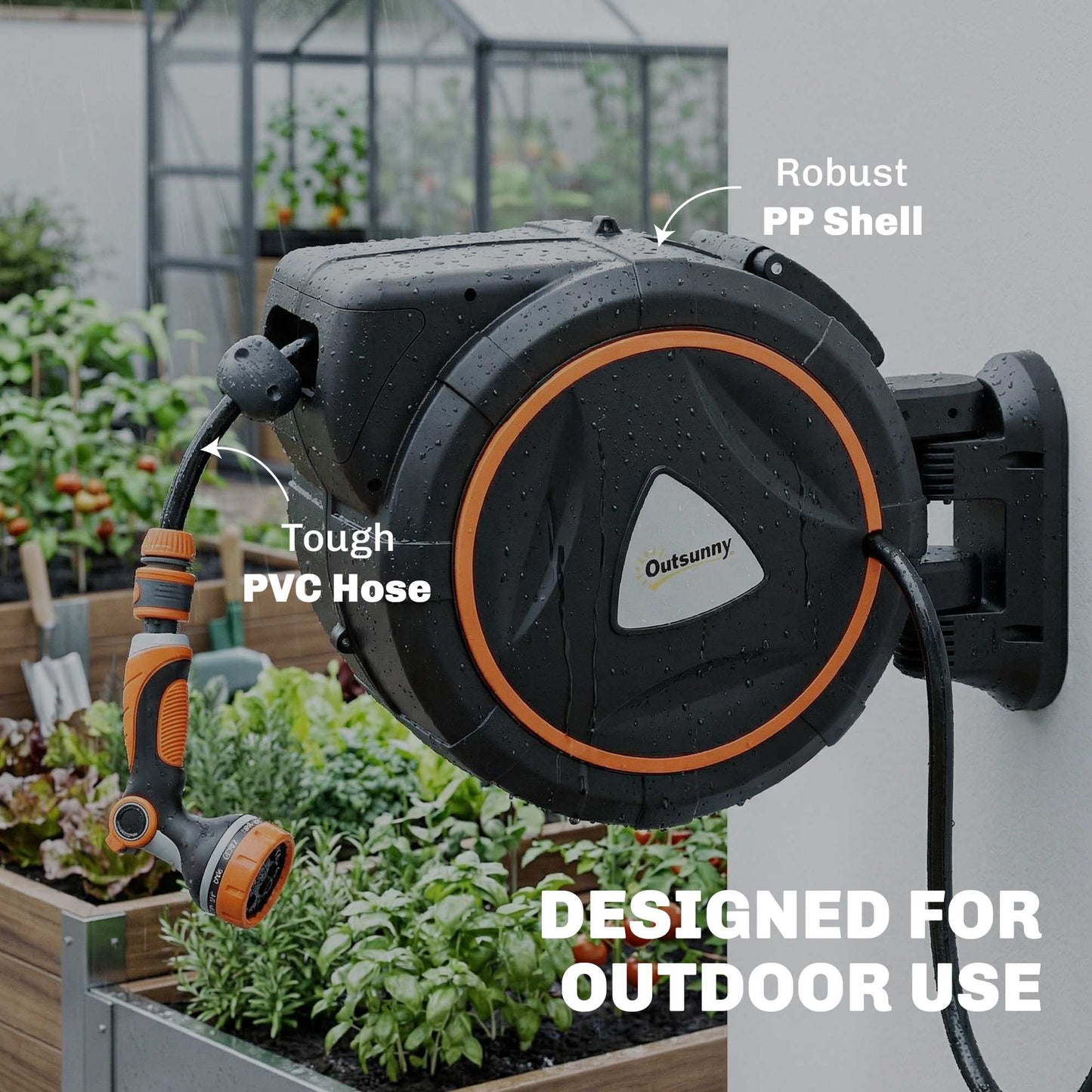 Outsunny Retractable Hose Reel Wall Mounted With Auto Retraction Self Locking Slow Return 12 Pattern Nozzles 23m Hose