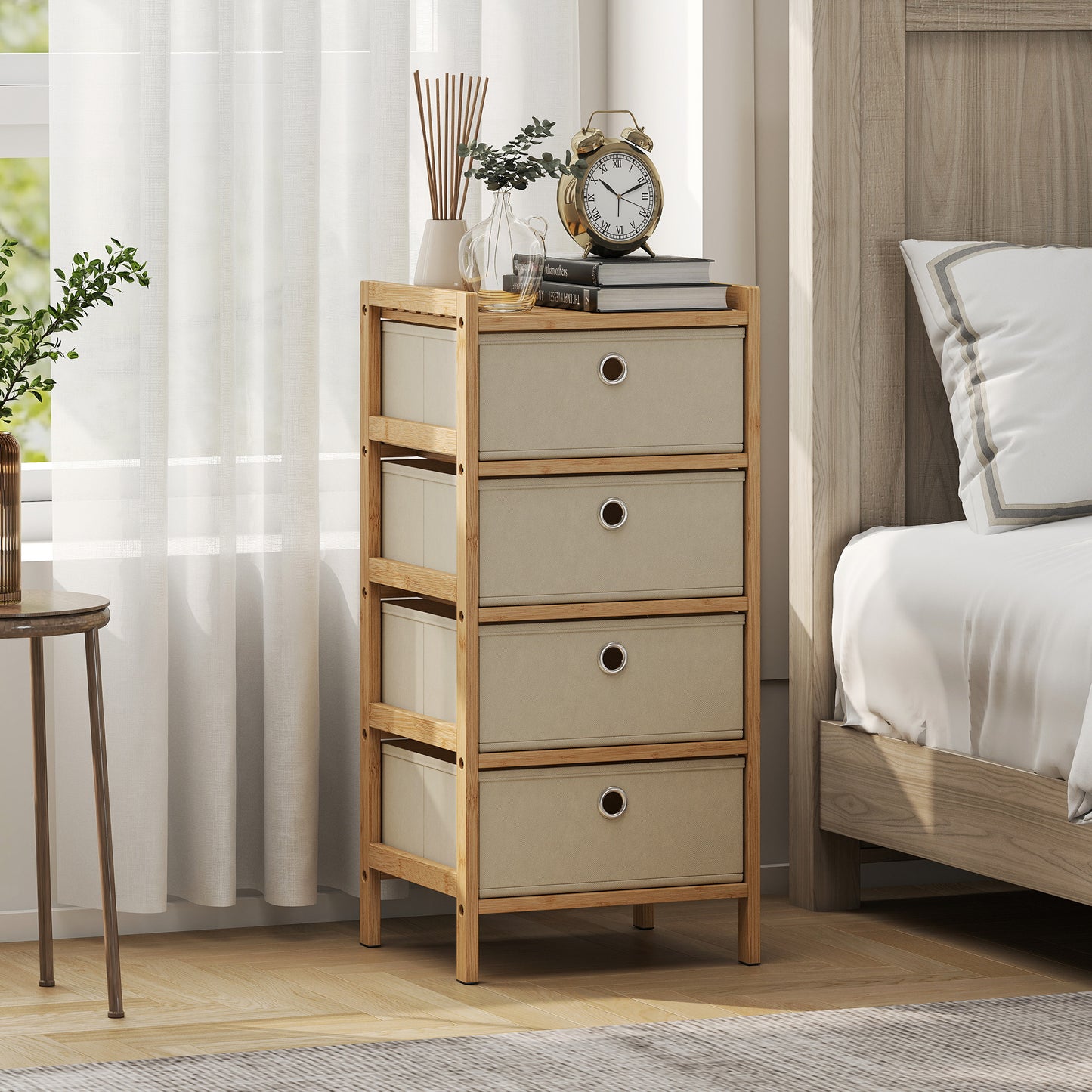 HOMCOM Chest Of Drawers With Bamboo Frame And Four Fabric Drawers Narrow Dresser Cream White
