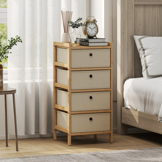 HOMCOM Chest Of Drawers With Bamboo Frame And Four Fabric Drawers Narrow Dresser Cream White
