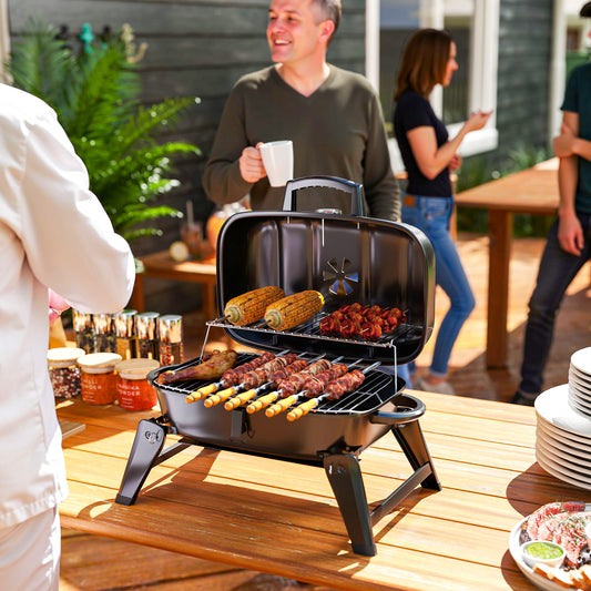 Outsunny Charcoal Folding Grill With 1232 Cm2 Cooking Area Adjustable Vent Thermometer Handles For Camping Picnic Black