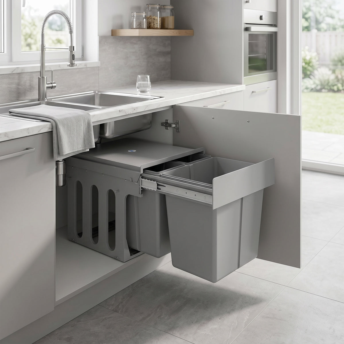 HOMCOM Pull Out Under Sink Bin 31L With 3 Compartments For 400mm Cabinets