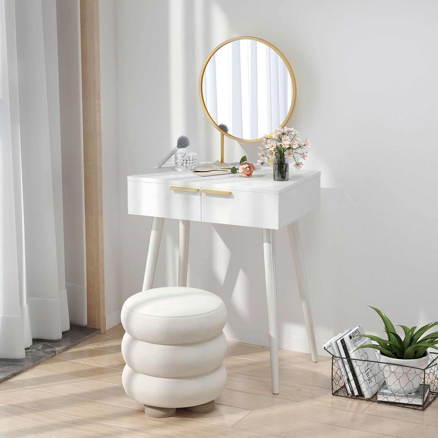 HOMCOM Elegant Dressing Table With Round Mirror White 60 x 40 x 123 cm With Storage Drawers