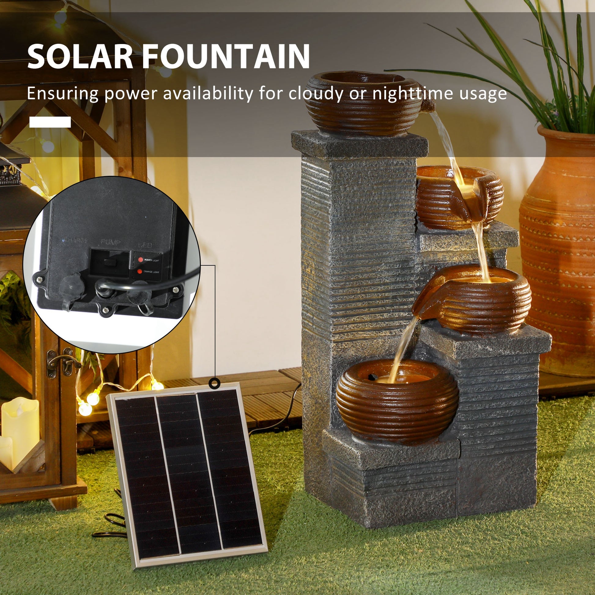 Outsunny Solar-Powered 4-Tier Cascading Water Fountain with LED Lights and Pump for Garden Décor - ALL4U RETAILER LTD