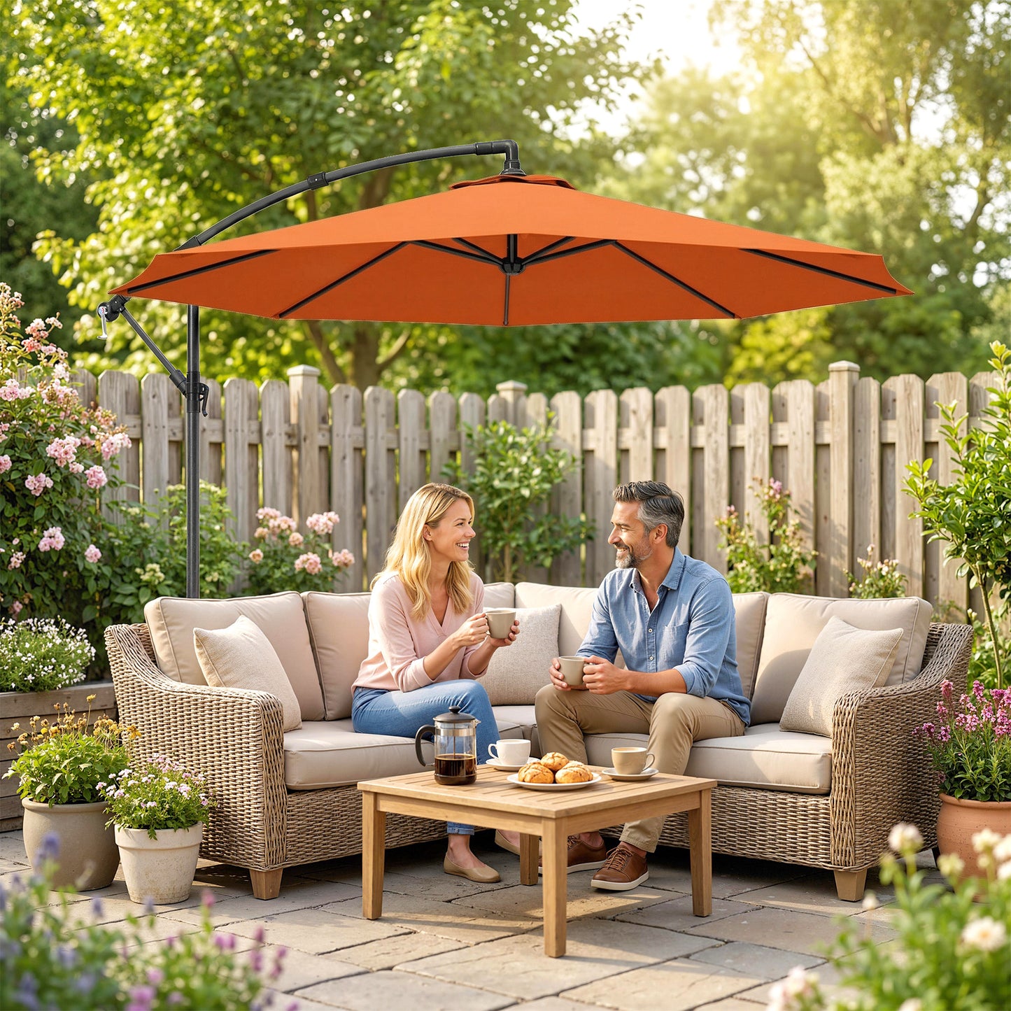 Outsunny 3 Meter Cantilever Parasol With Cross Base And Offset Outdoor Umbrella Crank Handle Orange