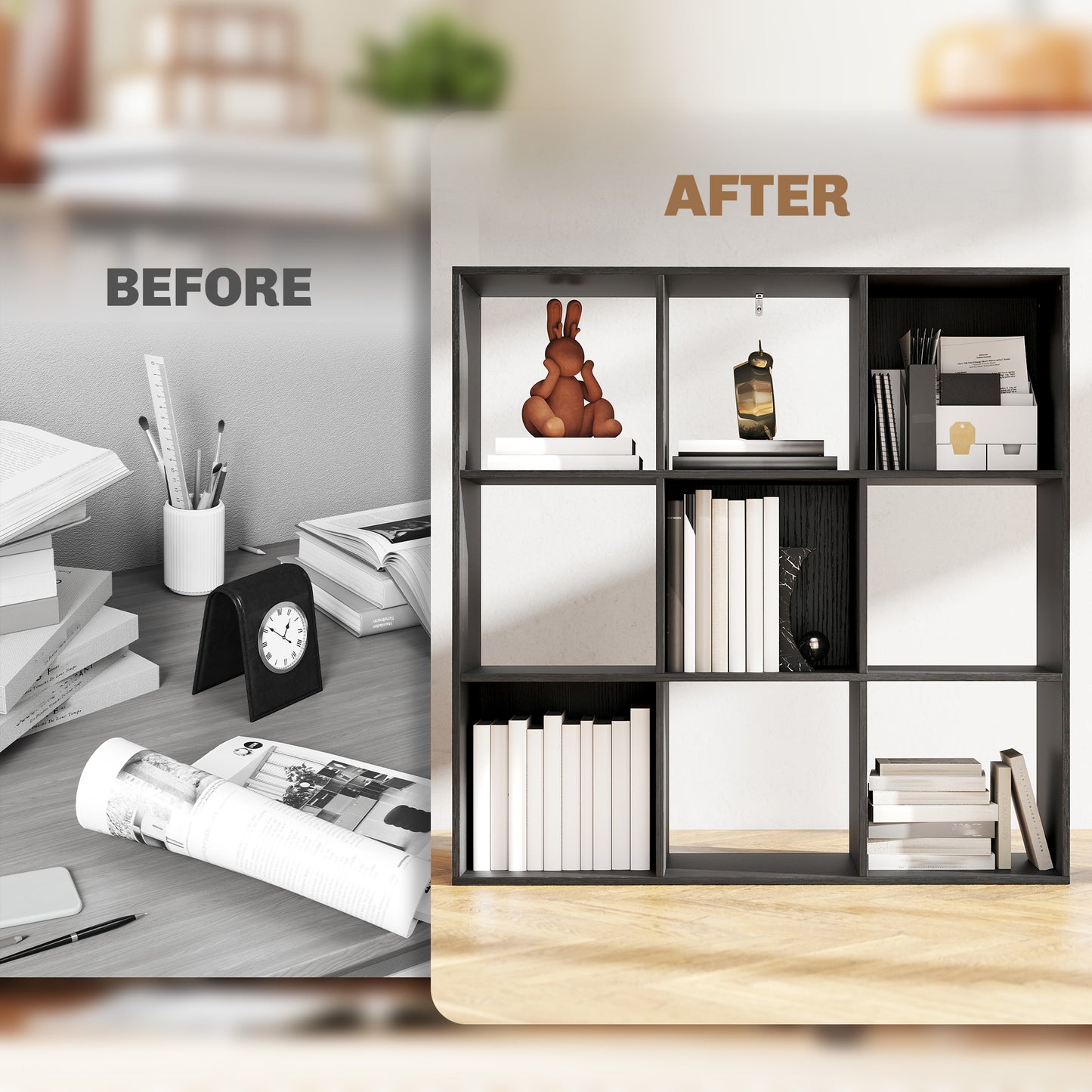 HOMCOM Nine Cube Storage Shelf Black Sturdy Particle Board Cube Organizer for Home and Office Use Easy Assembly