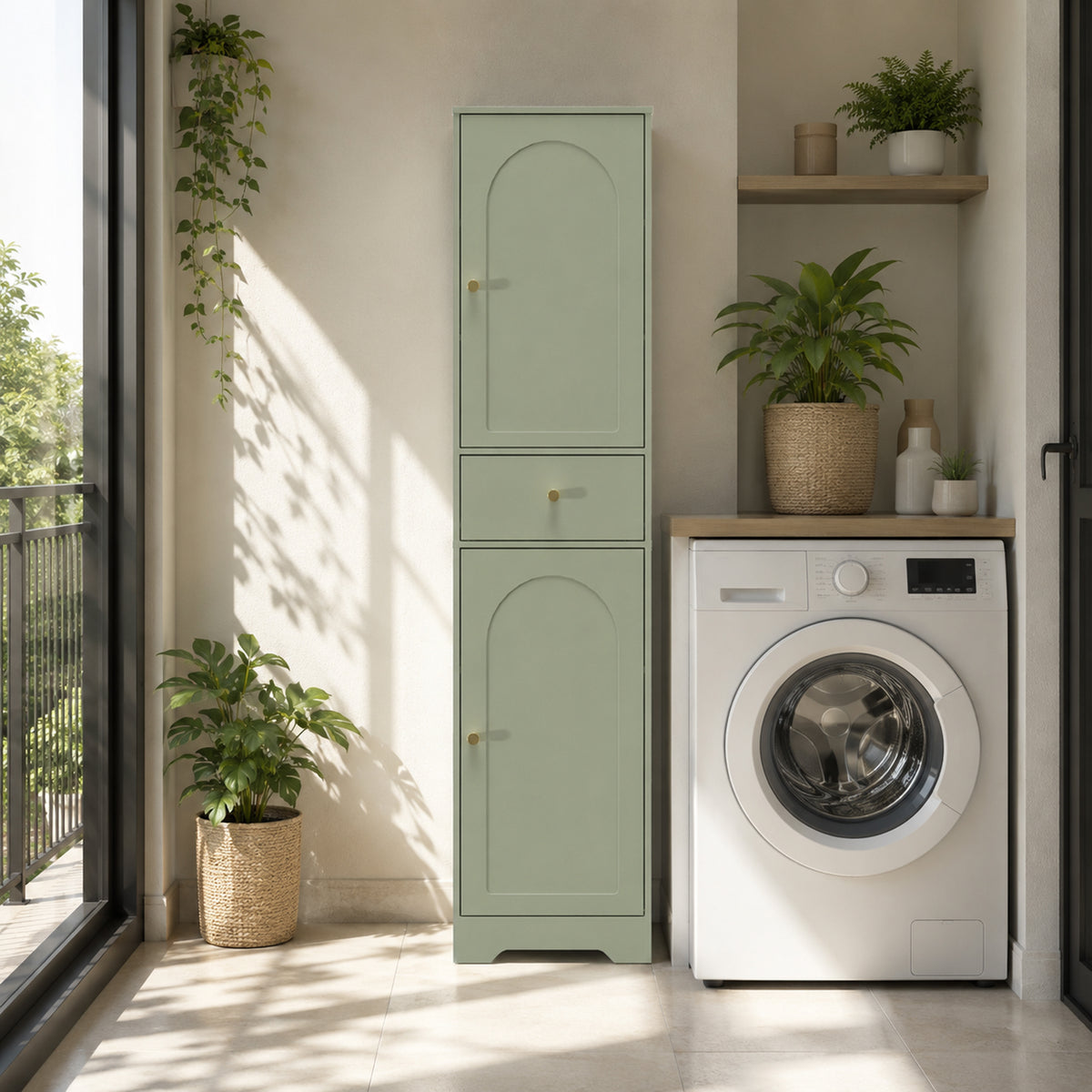 HOMCOM Tall Bathroom Storage Cabinet with Drawer and Arched Doors Light Green