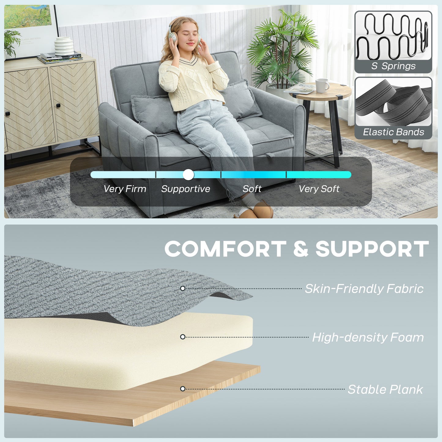 HOMCOM Two Seater Sofa Bed Three In One Convertible Sleeper Sofa With Adjustable Backrest And Two Pillows Grey