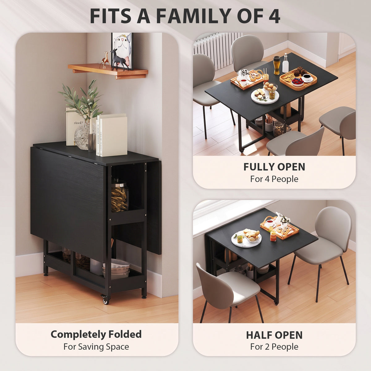 Black drop-leaf dining table with foldable design and side storage cabinets